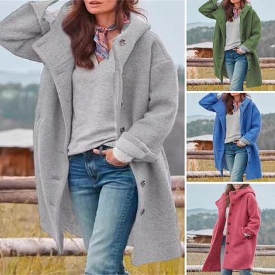 Kadın Mont Kapüşonlu Uzun Kollu Düğmeli Patlet Sonbahar Montu Düz Renk Orta Uzunlukta