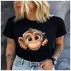 Unisex Cotton Summer Top Cartoon Little Monkey Print Loose Round Neck Short Sleeve Fashion for Lovers