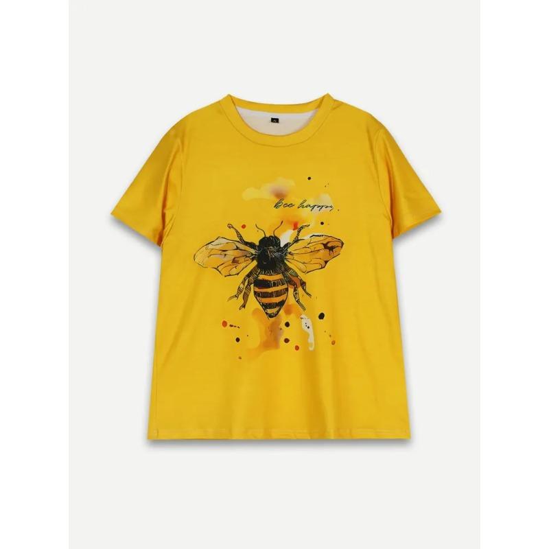 Summer Round Neck 3D bee Pattern Print Top Fashionable Casual Short Sleeved Women's T-shirts