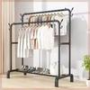 Plastic Floor-Standing Balcony and Bedroom Clothes & Hat Rack, with Folding Drying Pole and Storage.
