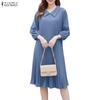 Women Lapel Collar Solid Color 3/4 Sleeve Dress