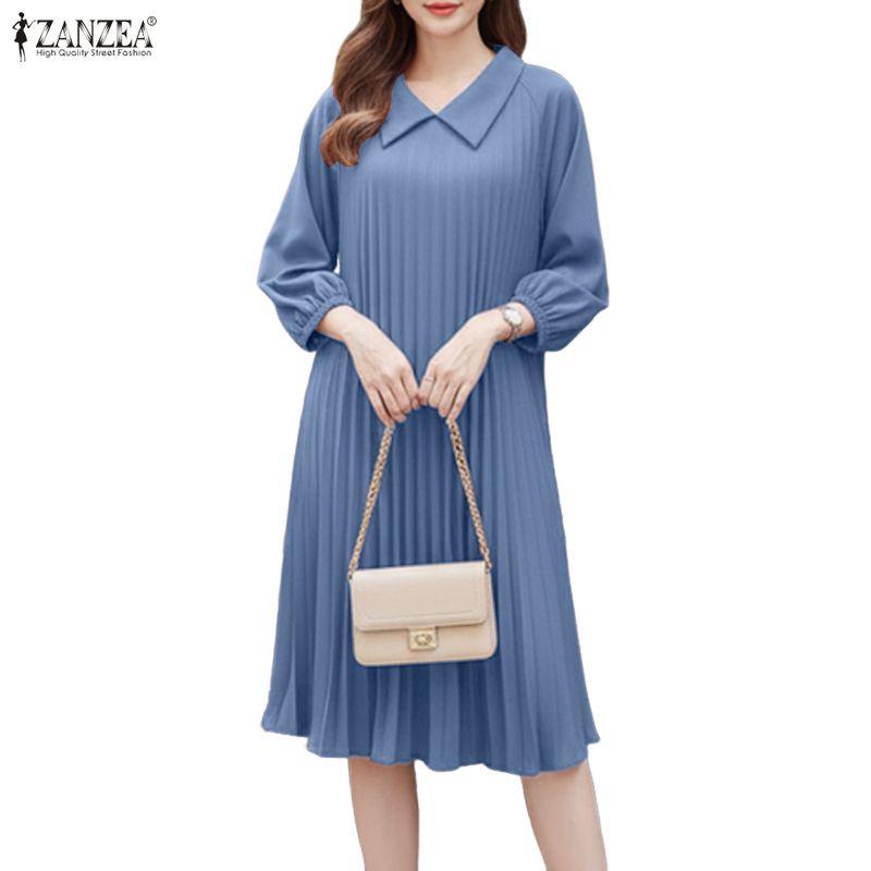 ZANZEA Women Lapel Collar Solid Color 3/4 Sleeve Dress