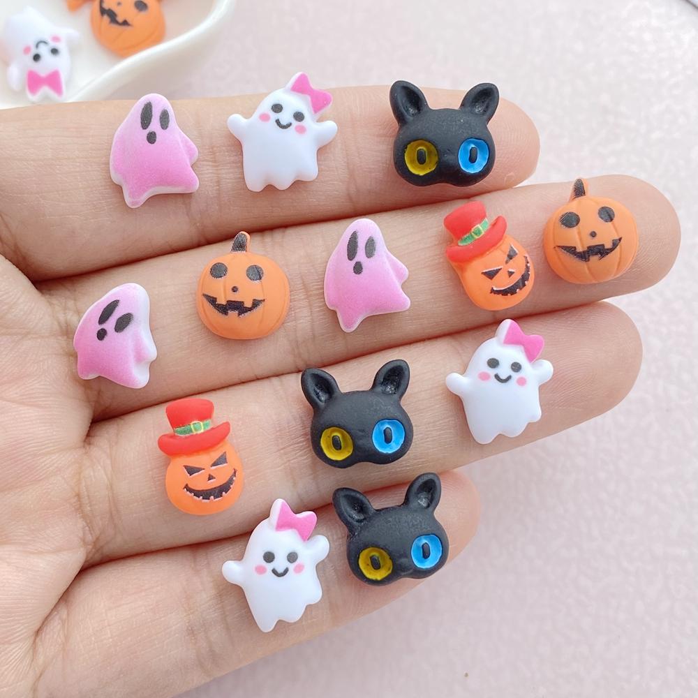 30Pcs New Cute Resin Halloween Pumpkin, Ghost, Cat Series Flat Back Ornament Jewelry Making Manicure Hairwear Accessories