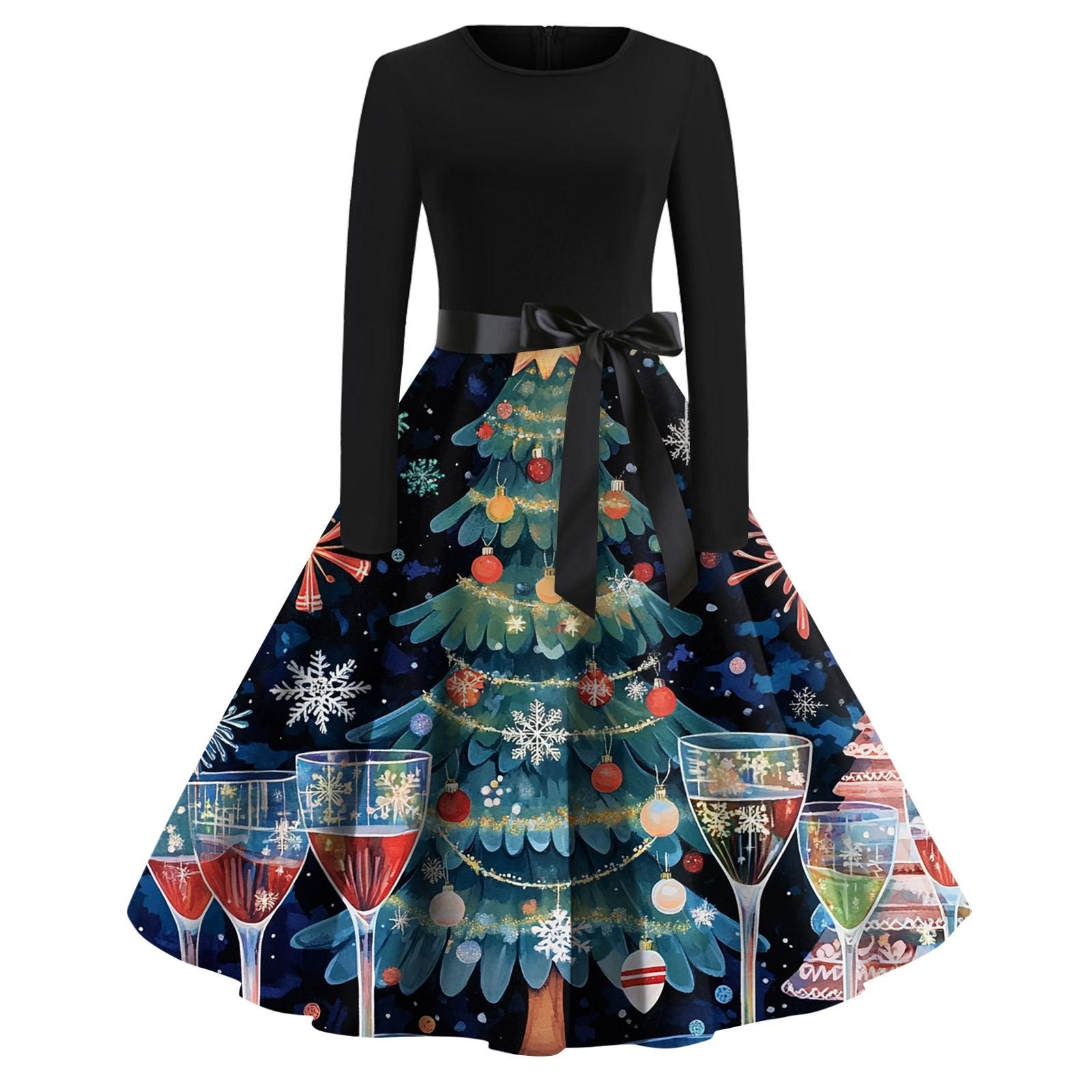 

Женское модное винтажное платье с длинным рукавом и круглым вырезом с рождественским принтом XXL