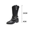 Metal Chain Thick Heeled Womens Riding Boots Autumn Winter Pu Leather Mid Calf Boots Woman Fashion Buckle Strap Motorcycle Boots