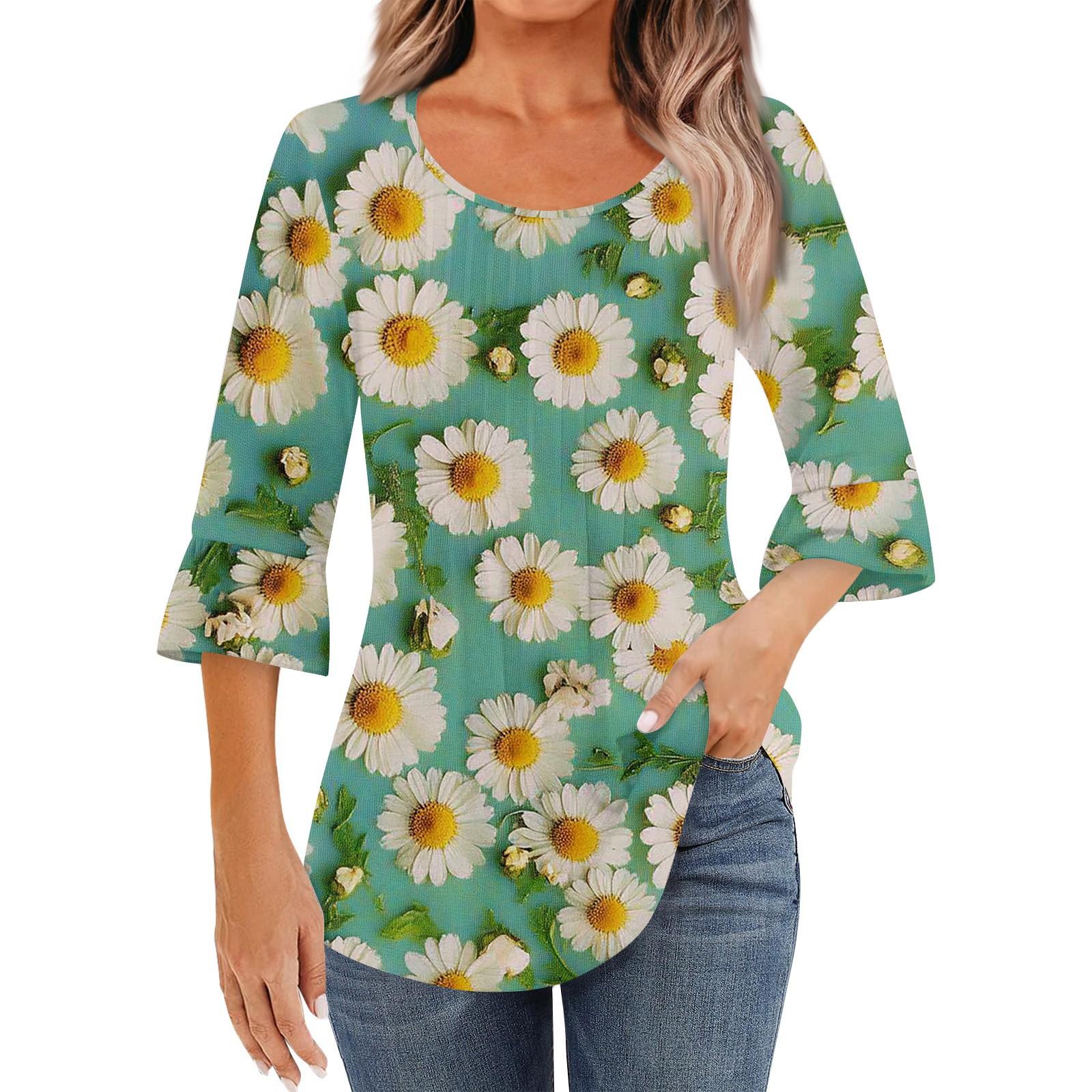 

Женская модная повседневная плиссированная футболка с круглым вырезом и цветочным принтом, рукав три четверти XL