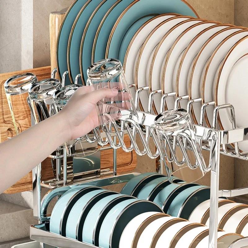 Adjustable 2-Tier Stainles Steel Dish Drying Rack Kitchen Plates Bowls Organizer Practical Dish Drainer & Utensils Storage Rack