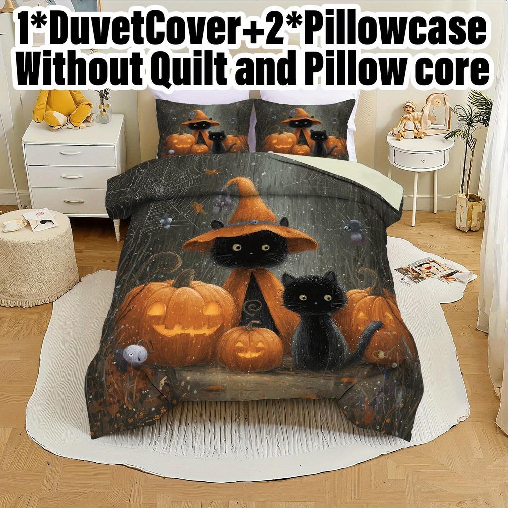 3pcs Halloween Pumpkin Monster Duvet Cover Set Without Core Quilt Cover with 2 PillowcasesSoft and Machine Washable