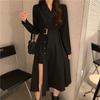 KOSY Herbst Damen Midi Kleid mit Gürtel Schwarz Sexy Übergröße Kleider Koreanischer Stil Langarm Elegant Seitenschlitz A-Linie