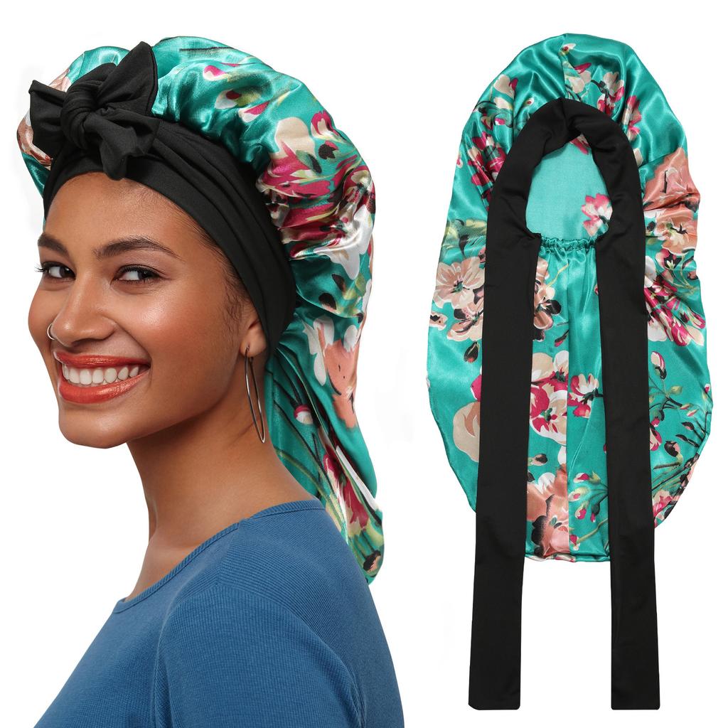 Long Sleeping Silky Satin Adjustable Hair Bonnet with Ties Solid Color Stretchy Sleep Cap for Women Long Hair and Braids