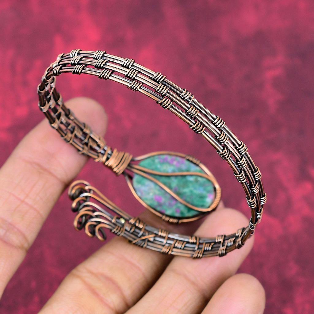 Ruby fuchsite bangle copper wire wrapped jewelry adjustable cuff bracelet handmade jewelry gemstone bangle gifts for her copper wire jewelry