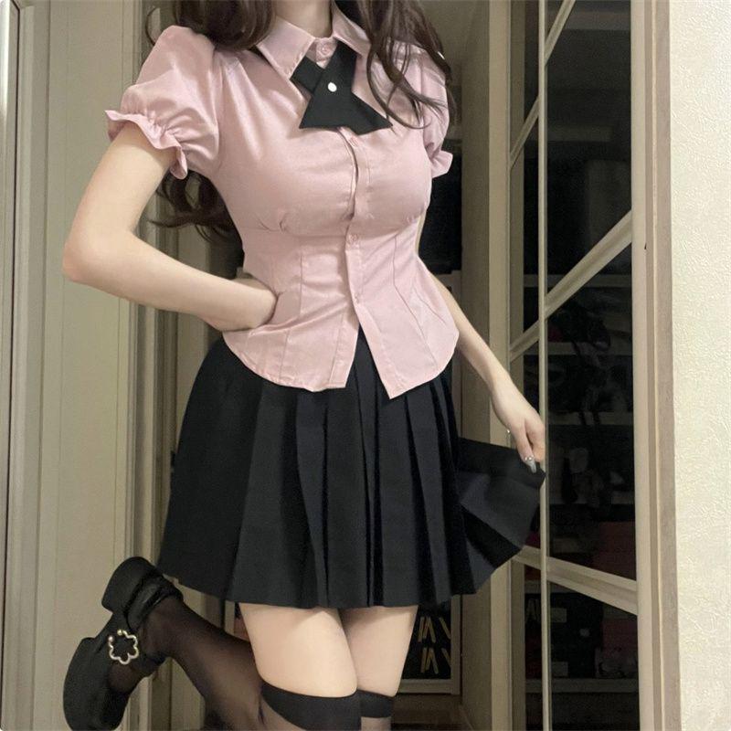 Damen Taillenformendes JK-Stil Hemd mit Puffärmeln & High-Waist Flauschiger Rock Set