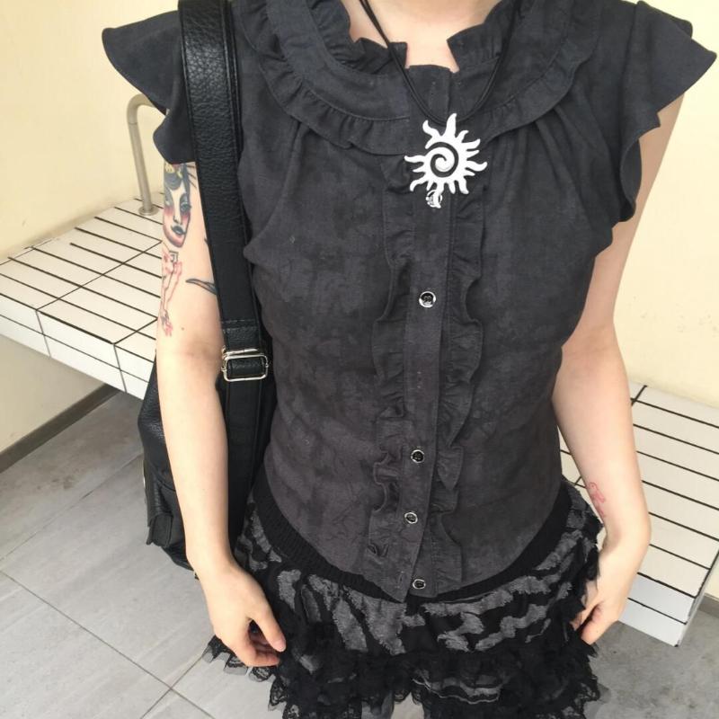 Deeptown Japanische 2000er Rüschenblusen Damen Schwarz Gothic Lolita Y2k Ärmellose Hemden Harajuku Gyaru Sommer Flatterärmel