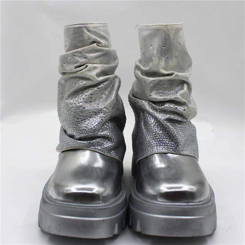 FOREADA Women Ankle Short Boots Round Toe Platform Thick High Heels Crystal Pleated Metallic Boots Lady Fashion Shoes Winter 44