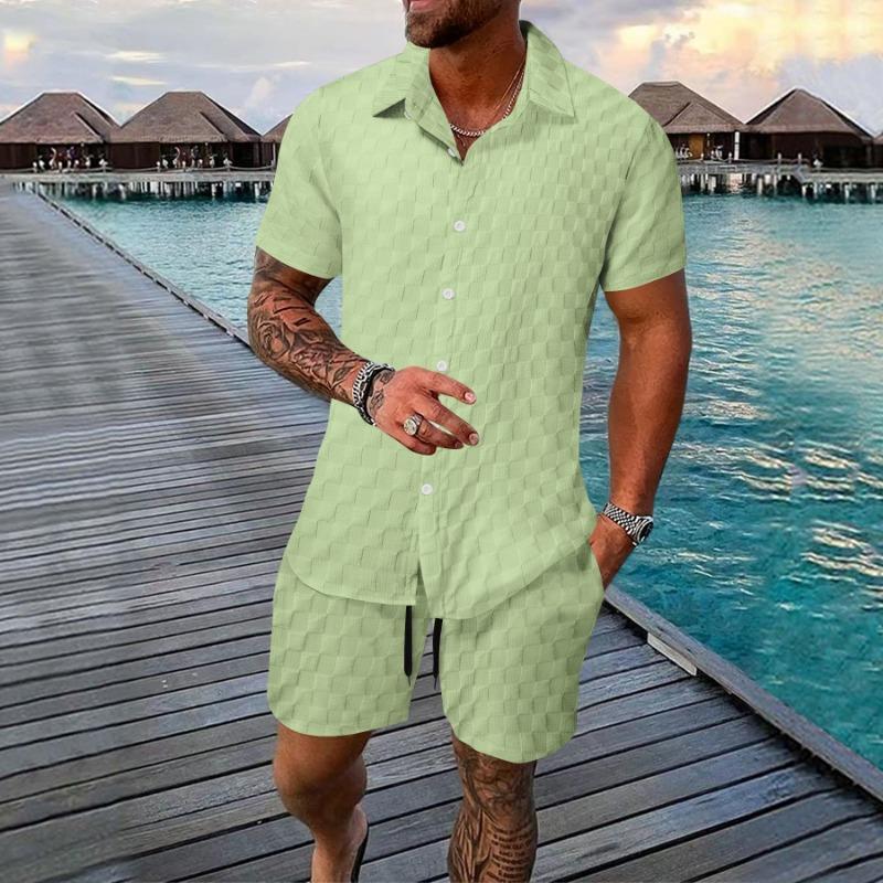Mens Casual Checkered Short Sleeve Shirt And Shorts Two Piece Set