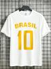 Unisex Dunkelblaues T-Shirt Brasilien 10 Fußball Sport Buchstabenaufdruck Rundhalsausschnitt Kurzarm Sommer Lässig Männlich Sportlich Baumwolle Street Täglich Oberteil