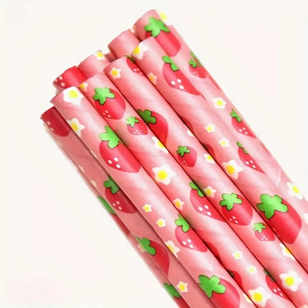 Pink Strawberry Paper Straws Set for Summer Fruit Themed Party Decorations Seaside Beach Birthday Celebration Festive Tableware