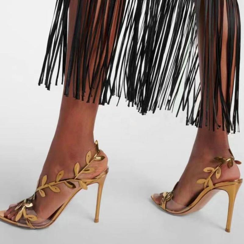 Fashion New Summer European Style High Heels Pointed Head Gold Leaf Sexy All Matching Slim Heel One Line With Comfortable Sandals