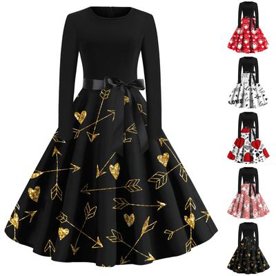 Vestido Casual de Mujer con Estampado de San Valentín, Cuello Redondo, Jersey, Cintura Alta, Manga Larga