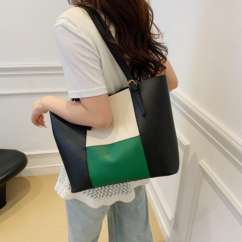 Retro simple atmosphere women's summer new large-capacity splicing shoulder portable tote bag