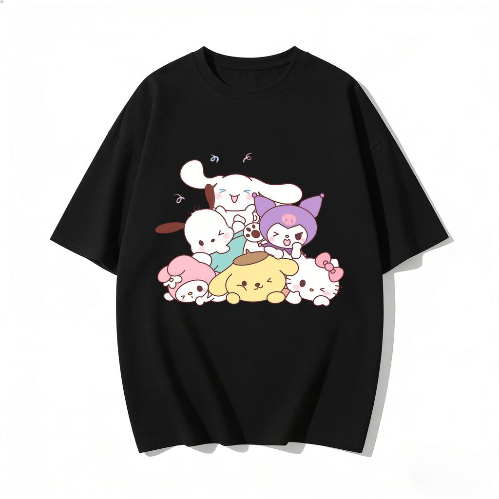 Summer Cute Sanrio Characters Stacked Print Tshirt Casual Short Sleeve Tees for Mom and Daughter Sweet Family Matching Outfits