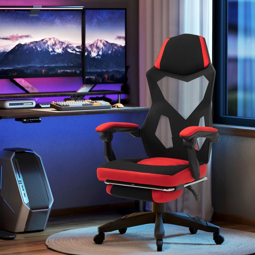 Ergonomic Office Chair, Gaming Chair, Swivel Chair with Footrest, PC Chair, Executive Chair, Height Adjustable, Polyester, Black+Red