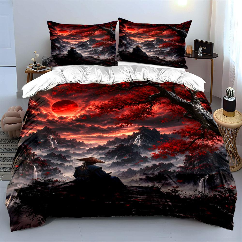 Set Copripiumino Scena Samurai Sotto la Luna Rossa (1*Copripiumino 2*Federe, senza piumino)