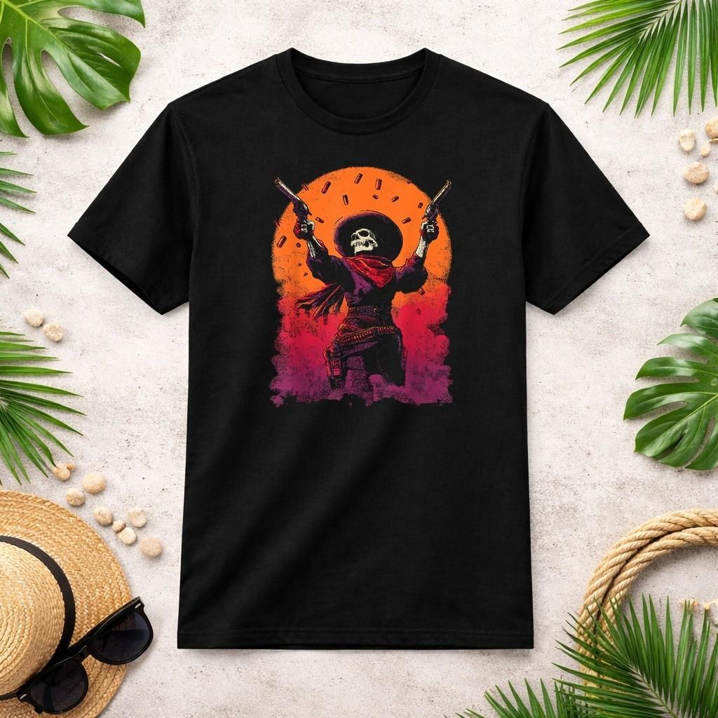Skeleton Cowboy Gunslinger with Desert Sunset Western Gothic T-Shirt Size S-4XL S