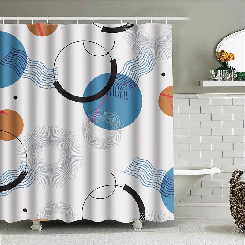 Modern Bathroom Shower Curtain: Blue Circle Waves Black Rings White Background Pattern Print Waterproof Decor for Home Bathrooms