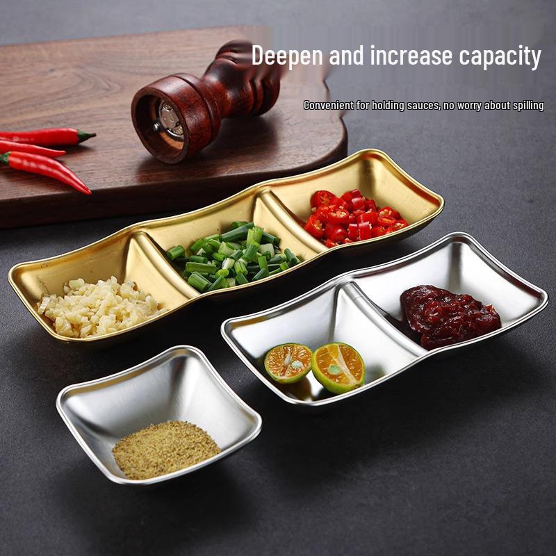 304 Stainless Steel Korean Hot Pot and Barbecue Dipping Dish - Gold, Two or Three Compartments
