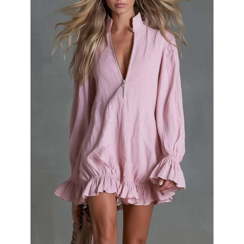 Women S Long Sleeve Bohemian Mini Dress With Ruffle Hem