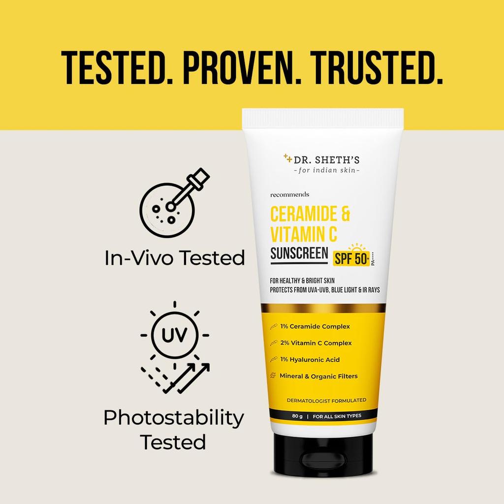 Dr. Sheth's Ceramide & Vitamin C Sunscreen SPF 50+ PA++++ Lightweight Non Greasy No White Cast For All Skin Types 80 g