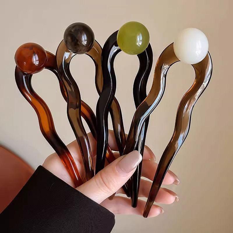 Chinesischer Stil Runde Perle U-förmige Haarnadel Retro Wellenförmige Haarstäbchen für Frauen Acryl Kopf Gewickelte Haare Haarnadel Zubehör