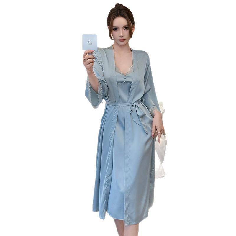 Summer ice silk royal sister style nightdress thin sexy suspender skirt with shawl loungewear women's high-end pajamas set
