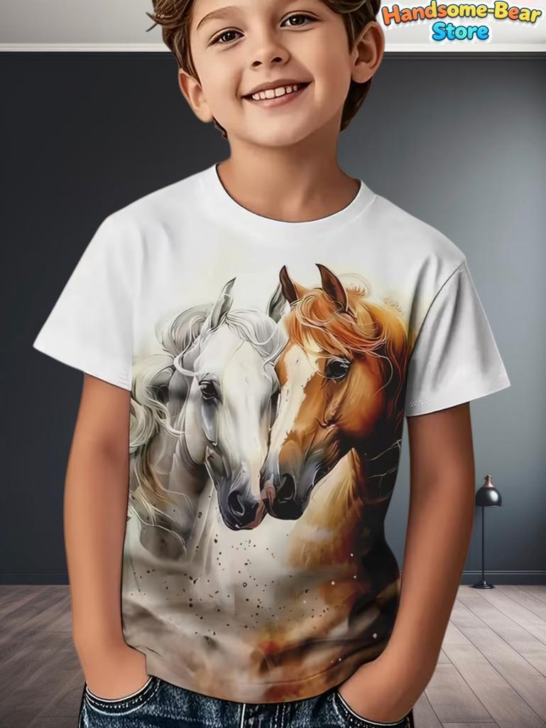 Children's Clothing Boys T-Shirt 3D Horse Print Short Sleeve Fashion Kids Summer Clothes Casual Child Girls Clothing O-Neck Tops