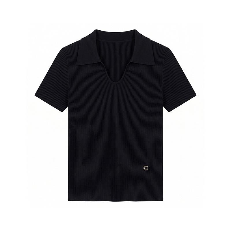 Women's Ice Silk Polo Collar Knitted T-Shirt - Summer 2022, Slim Fit, Breathable Short Sleeve Top