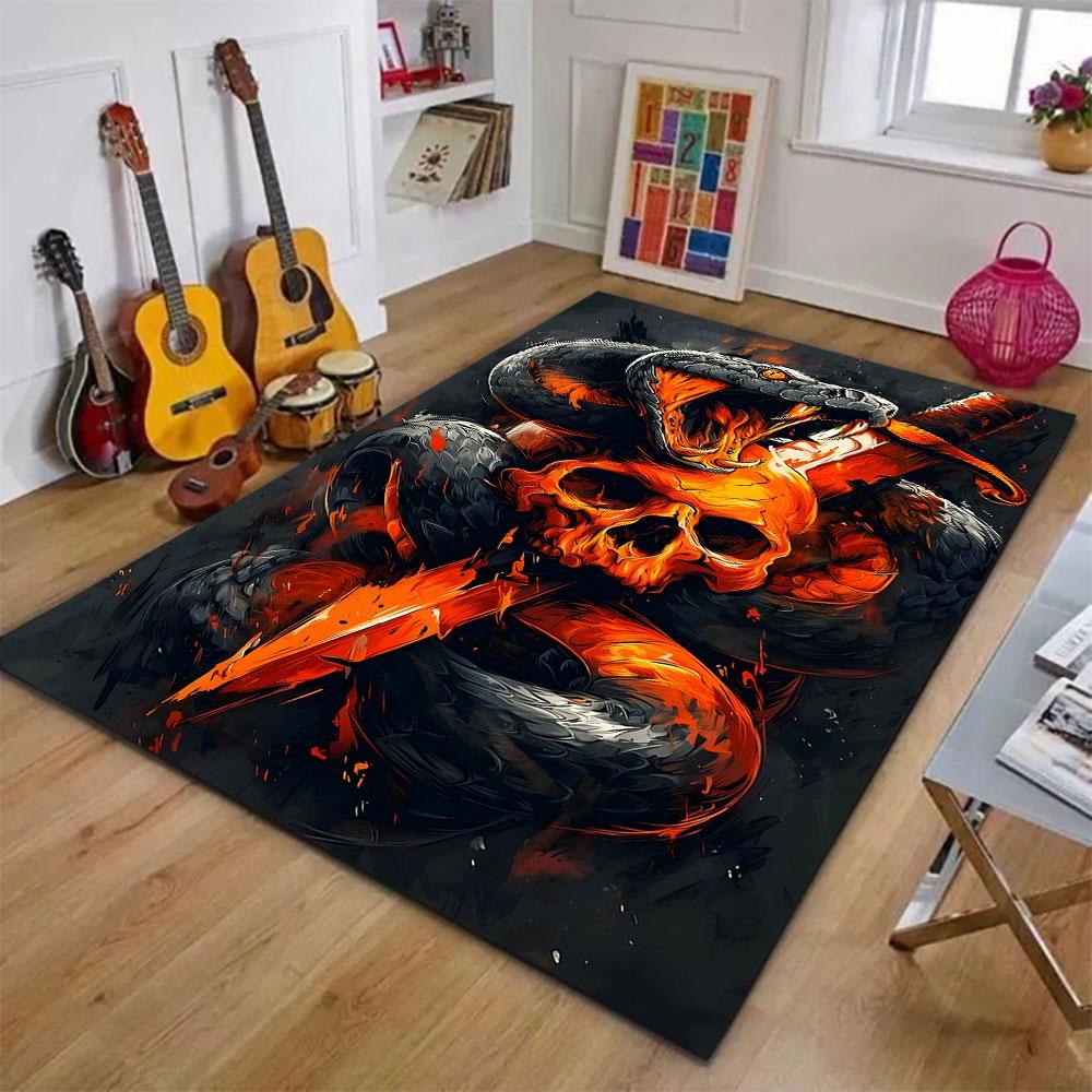Fiery Snake and Skull with Sword Patterned carpet, suitable as a non slip play mat for the living room and bedroom sofa