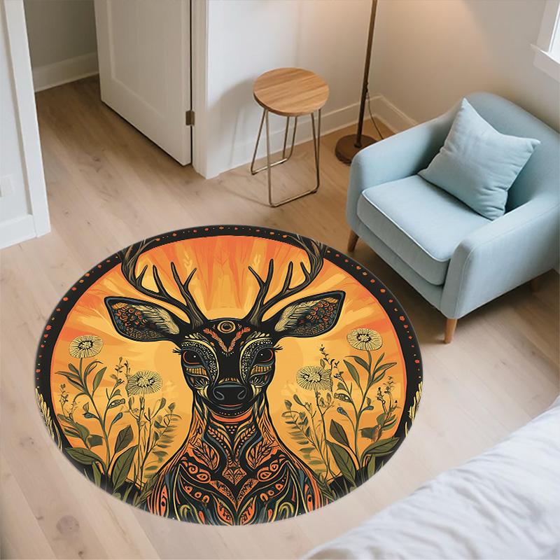 Vintage Sunset Deer Head,Round Area Rug,Carpet Rug for Living Room Bedroom Sofa Playroom Decor,Non-slip Floor Mat