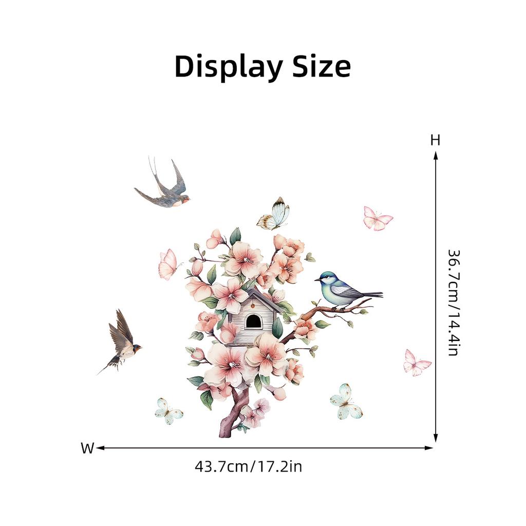 Cartoon Peach Blossom Branch Bird Swallow Wall Stickers, Self-Adhesive Decor for Living Room Room Background Wall Decoration