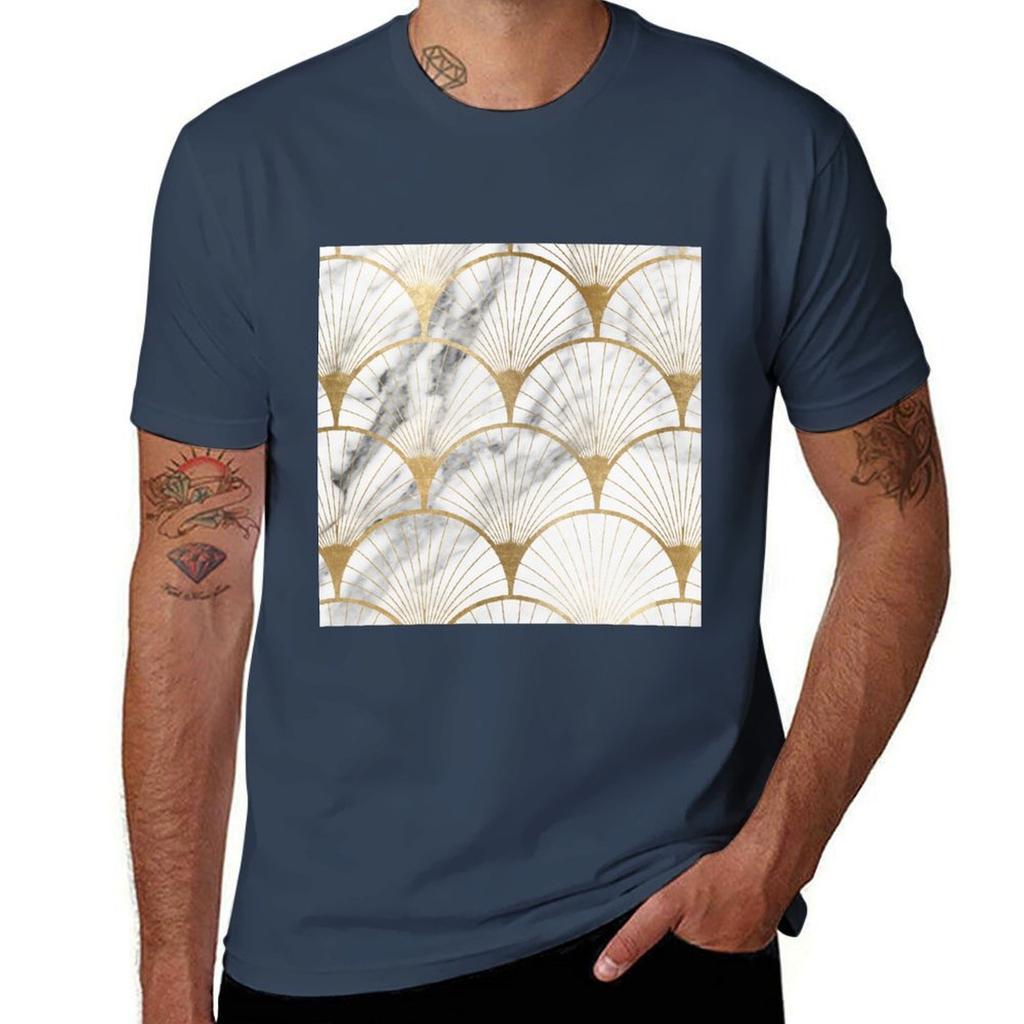 Art Deco Pattern  Golden Marble Fans Tshirt Basic Daily Outfit Short Sleeve Tee Tshirt