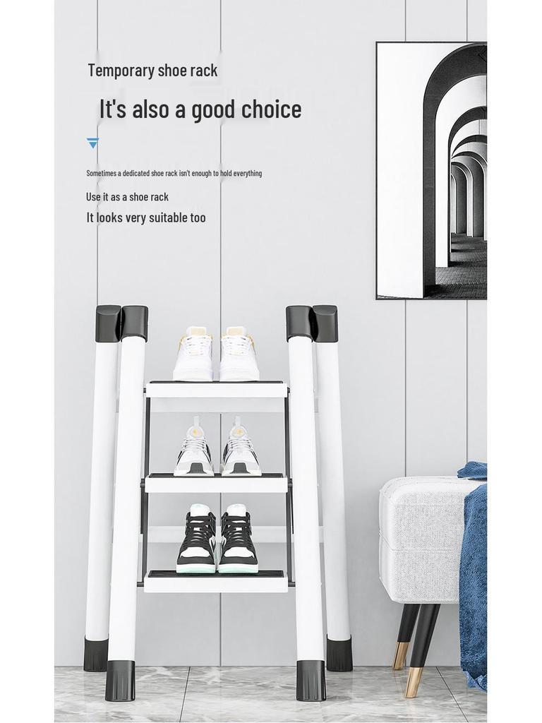 Telescopic Carbon Steel 3-Step Folding Ladder Stool with Storage