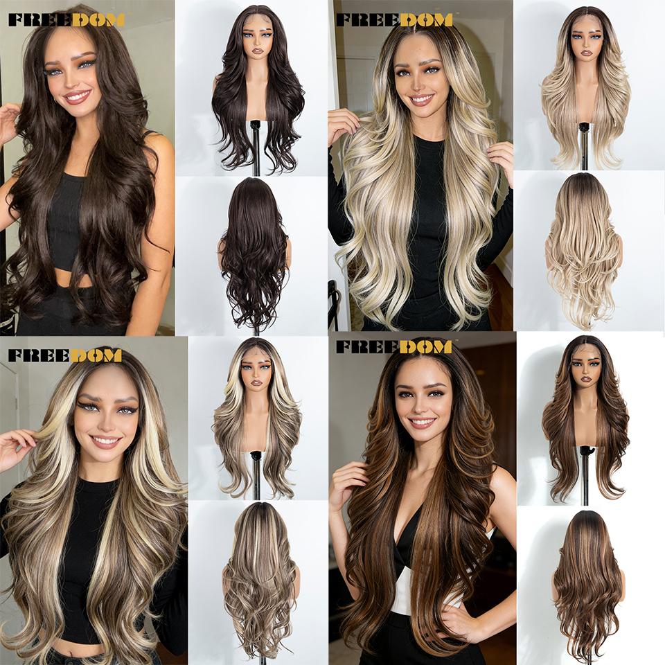FREEDOM Synthetic Lace Front Wigs For Women 28 Inches Long Layered Wavy T Part Ombre Brown Blonde Wig With Bangs Cosplay Wigs