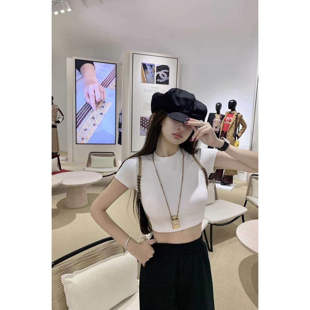 Sweet and Spicy Style Open Navel Short-sleeved T-shirt Women's Summer New American Front Shoulder Short Spice Girl White Bottom Top
