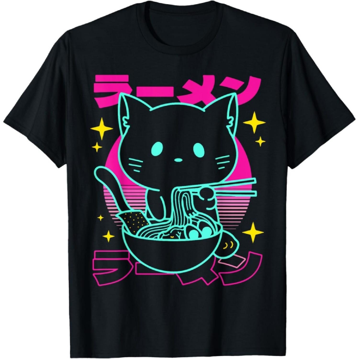 Anime Ramen Cat Retro Japanese Noodles Aesthetic Kawaii cat T-Shirt S