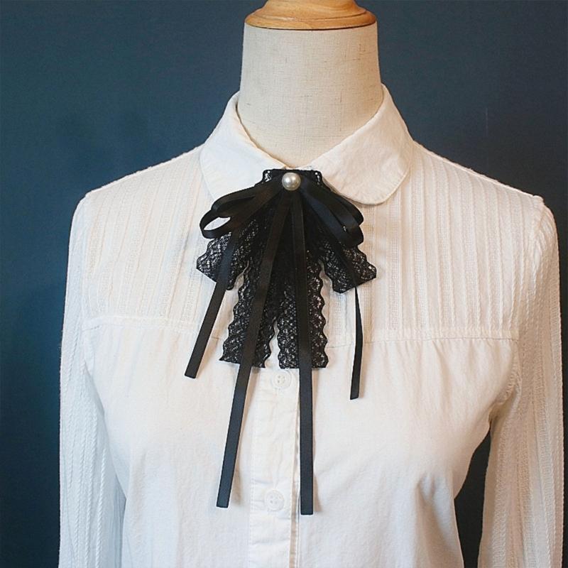 Bowknot Brooch for Women Girls Lace Ribbon Bowtie Pearls Brooch Pin Party Graduation Lapel Pin Clothing Accessories
