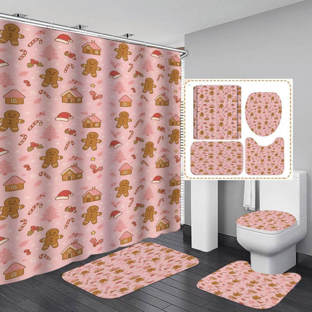 

4-piece cute Christmas gingerbread man bathroom set with non slip blanket, toilet seat, Christmas bathroom decoration, and hooks