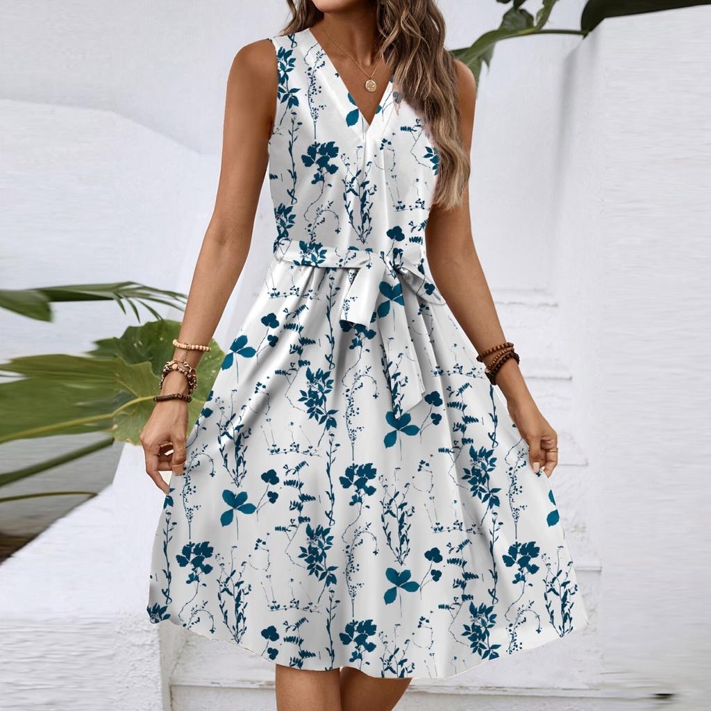 Women's Spring And Summer Casual V-Neck Sleeveless Waist Floral Print Midi Dress