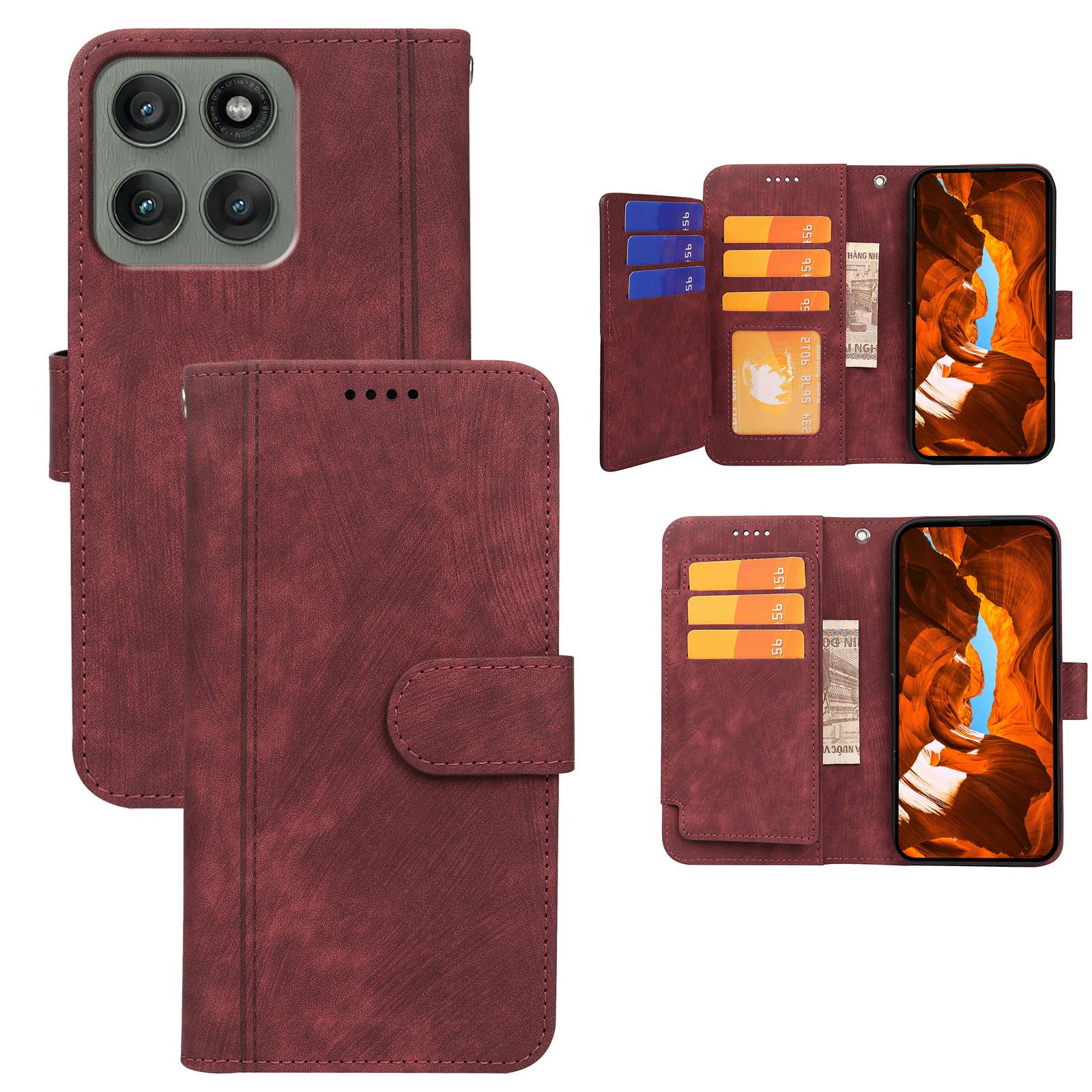 

For Motorola Edge 60 Pro 5G Leather Case Line Pattern Wallet Phone Cover with 9 Card Slots Red