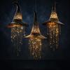 Cappello da Strega Illuminato Campanellino a Vento da Appendere, Ornamento da Esterno per Halloween, Stelle a Cascata in Rete Luminosa, Cornice Nera Decorazione per Feste