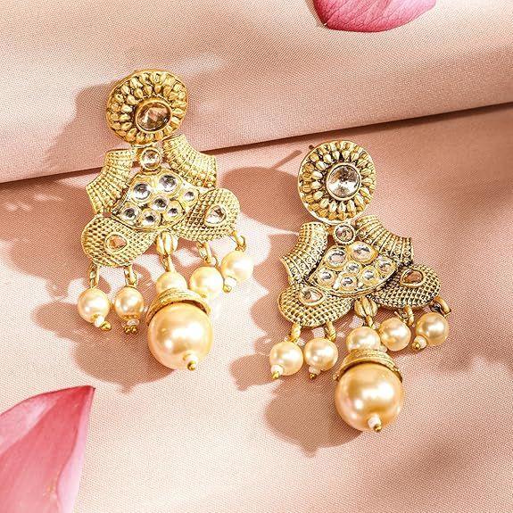Gold-Plated Handcrafted Artificial Traditional Jewelry Set-Ruby/Kundan Stones & Pearl Beaded Multistrand with Matching Earrings For Women and Girls